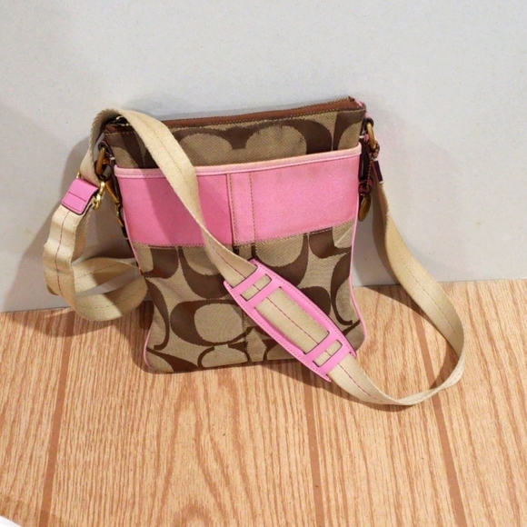 Coach Leather Bag - Crossbody - Brown, Tan Canvas & Pink  #A0867-41207 7.5"x8.5" - Picture 3 of 13